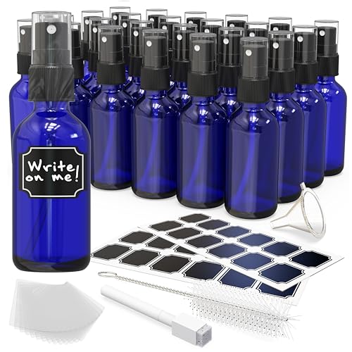 Nevlers Cobalt Blue Small Spray Bottle 2 Oz 24 Pack Travel Spritzer Bottles | Fine Mist Sprayer Set w/ Shrink Wrap, Funnel, Brush, Marker & Labels | Fine Mister Spray Bottle for Perfume , Oil & More - color: Blue, style: 24 Pack