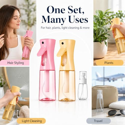 3 Pack Spray Bottles, Continuous Mist Sprayer, Water Spray Bottle for Hair, Hair Mister, 200ml x2 + 30ml Refillable Fine Mist Set - for Styling, Plants, Cleaning & Home Use (Pink & Yellow) - color: Pink+Yellow