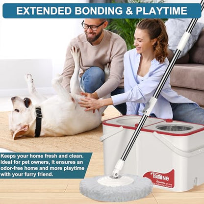 Gen 1 Large-Capacity Spin Mop and Bucket – for Big Homes & Deep Cleaning Days,4-Chamber System Separates Dirty & Clean Water, 2-GAL Heavy-Duty Design with Wheels & 6 Refill Mop Heads - White/Red - size: White/Red+6 Mop Heads