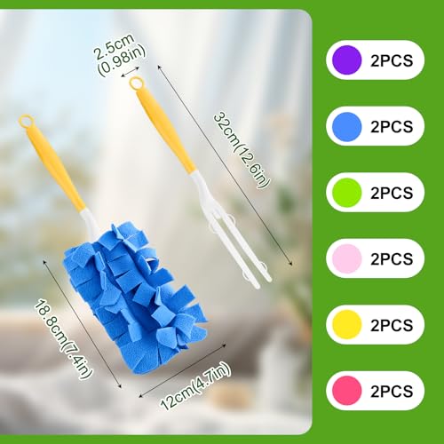 12PCS Fleece Reusable Duster Refills with 4 Handles, Washable Cleaning Pads in 6 Colors, 360° Dust Cleaning Brush for Home, Blinds, Car, Furniture, Fans, Wet & Dry Use