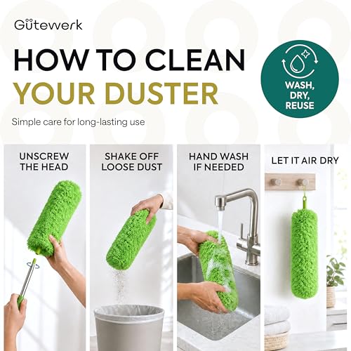 Gütewerk Extendable Microfiber Duster, 100 Inch - Feather Dusters for Cleaning Ceiling Fans, Blinds, Baseboards & High Ceilings - Washable, Electrostatic, 360° Bendable Head, Stainless Steel Pole - color: Green, size: up to 100 inch