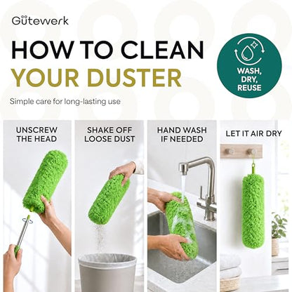 Gütewerk Extendable Microfiber Duster, 100 Inch - Feather Dusters for Cleaning Ceiling Fans, Blinds, Baseboards & High Ceilings - Washable, Electrostatic, 360° Bendable Head, Stainless Steel Pole - color: Green, size: up to 100 inch