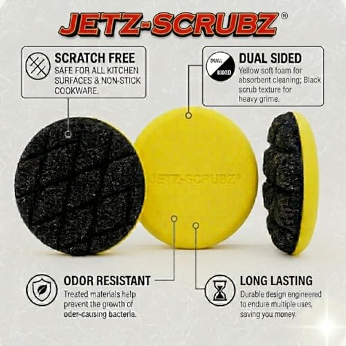 Jetz-Scrubz Scratch-Free Kitchen Scrubber Sponge – Dual Sided Non-Scratch Dish Cleaning Sponge for Cookware, Dishes & Kitchen Surfaces – Odor Resistant, Reusable – Round Scrub Sponges (3 Pack, Yellow) - color: Yellow
