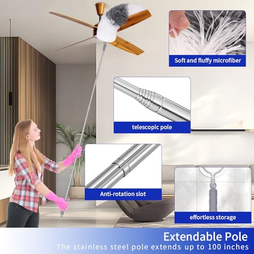 PHABLUS 10 PCS Dusters for Cleaning, Microfiber Duster with Extension Pole Up to 100'', Bendable Washable Cleaner Dusters for Ceiling Fans, High Ceiling, Furniture, Blinds