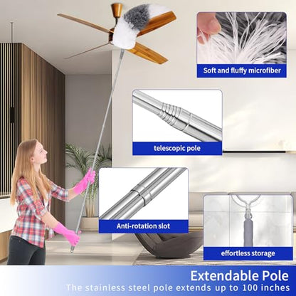 PHABLUS 10 PCS Dusters for Cleaning, Microfiber Duster with Extension Pole Up to 100'', Bendable Washable Cleaner Dusters for Ceiling Fans, High Ceiling, Furniture, Blinds