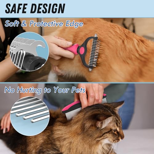 Docrok Pet Grooming Brush & Comb Combo, Cat & Dog Brush for Shedding & Dematting, Undercoat Rake for Long-haired Pets, Pink - color: Pink