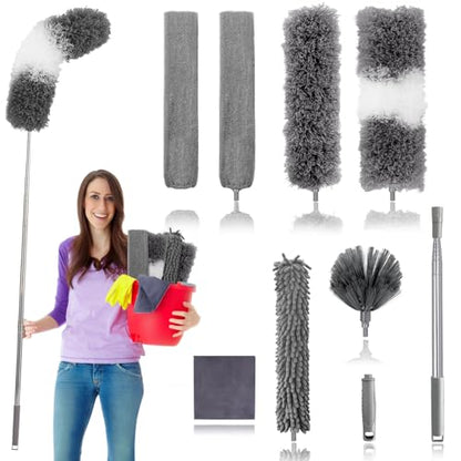 Dusters for Cleaning,9Pcs Feather Duster with Extension Pole Up to 100'',Bendable Extendable Long Feather Duster for Cleaning Fan,High Ceiling,Blinds,Furniture,Cars