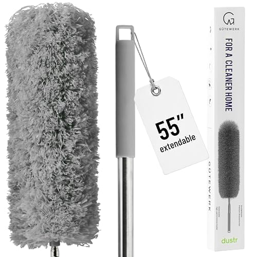 Gütewerk Extendable Microfiber Duster, 55 Inch - Feather Dusters for Cleaning Ceiling Fans, Blinds, Baseboards & High Ceilings - Washable, Electrostatic, 360° Bendable Head, Stainless Steel Pole - color: Gray, size: up to 55 inch