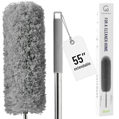 Gütewerk Extendable Microfiber Duster, 55 Inch - Feather Dusters for Cleaning Ceiling Fans, Blinds, Baseboards & High Ceilings - Washable, Electrostatic, 360° Bendable Head, Stainless Steel Pole - color: Gray, size: up to 55 inch