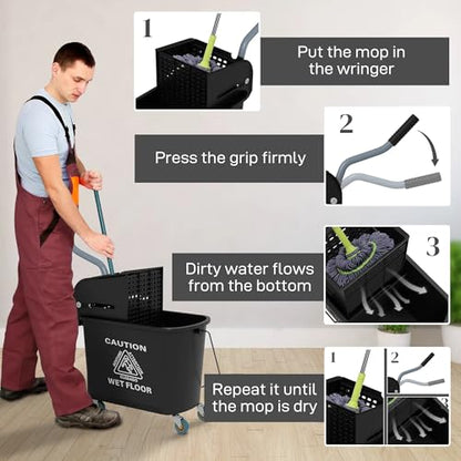 21 Quart Mop Bucket with Wringer on Wheels, Dual Water Cleaning Bucket with Separate Dirty and Clean Water, Rolling Commercial Floor Cleaning System (Black) - color: Black