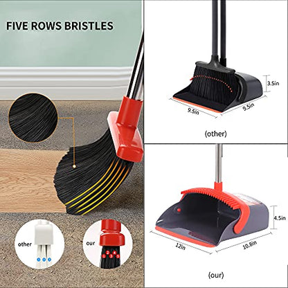 Broom with Dustpan Combo Set Broom and Dustpan Set Dust Pan with Stainless Steel Long Handle, Brooms with 5-Layer Soft Bristles for Sweeping Office Kitchen Home Pet Hair Lobby - color: Purple&red
