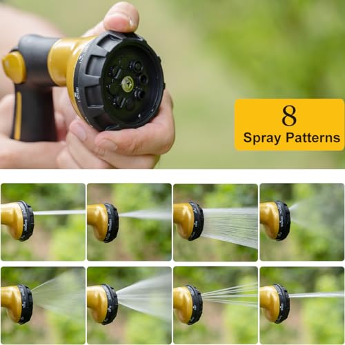 FANHAO Garden Hose Nozzle Heavy Duty, 100% Metal Water Hose Sprayer with 8 Spray Patterns, High Pressure Spray Nozzle Thumb Control On Off Valve for Outdoor Lawn & Plant Watering, Car & Pet Washing - color: Yellow