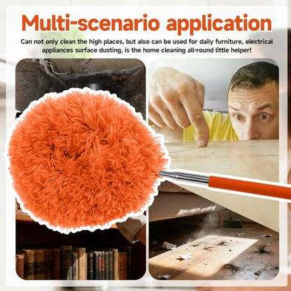 Extendable Microfiber Duster, Telescoping Dusting Brush for Home and Car Cleaning, Adjustable Length, Soft and Flexible - color: Round Orange