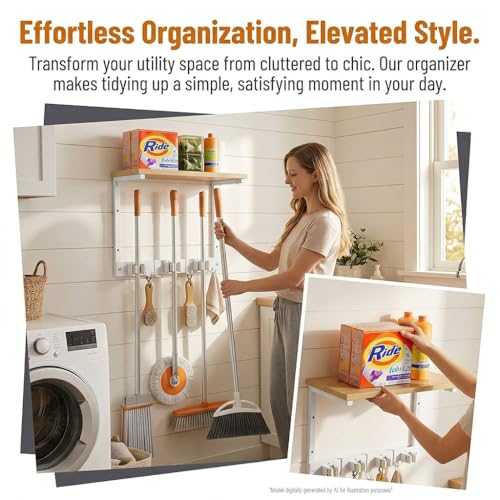 Upgraded Broom Holder Wall Mount with Shelf, Mop and Broom Organizer Wall Hanging, Cleaning Supplies Organizer (small)