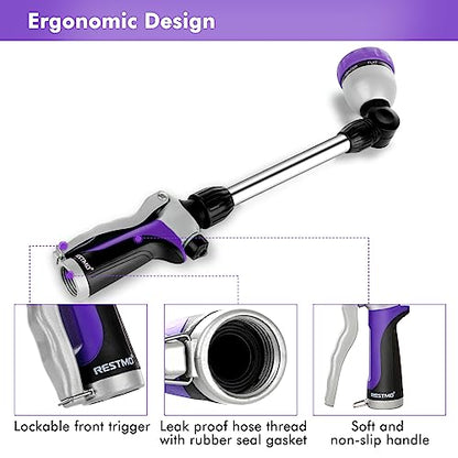 RESTMO Metal Watering Wand, Heavy Duty Garden Hose Wand with 180° Swivel Ratcheting Head, 16'' Hose Nozzle Sprayer with 7 Spray Patterns and Flow Control, for Water Hanging Baskets and Shrubs, Purple - color: Purple