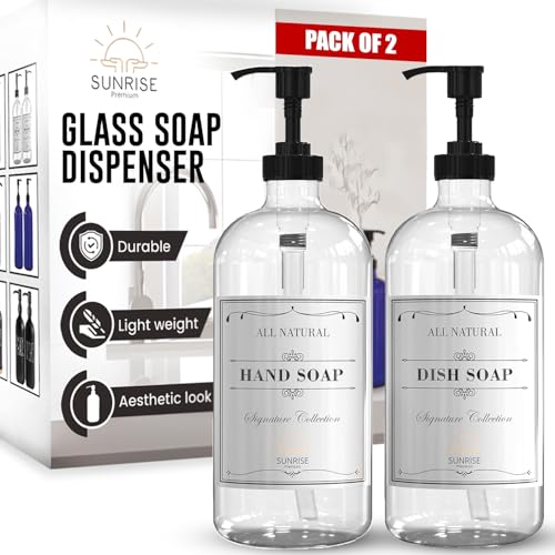 Sunrise Premium 16 OZ Thick Clear Glass Soap Dispenser with Pump 2 Pack, Hand and Dish Soap Dispenser Set for Bathroom and Kitchen with 6 Waterproof Labels - color: Black Plastic Pump - Clear Glass