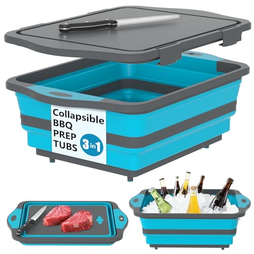 HI NINGER BBQ Prep Tub with Lid, Collapsible Camping Sink with Colander, Cutting Board & Knife Set for Grilling, Smoking & Outdoor Cooking, Collapsible Wash Basin for RV Camping Essentials - color: Blue grey