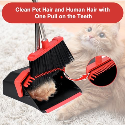 Tiumso Upgrade Broom with Dustpan Combo Set, Broom and Dustpan Set with 51'' Long Handle, Dust Pan and Brooms, ZeroGap Lip, Self-Cleaning Dustpans Teeth for Lobby Kitchen Restaurant - Black and Red - color: Black and Red