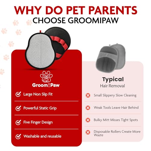 Pet Hair Removal Glove | Cats and Dogs | Reusable Electrostatic Fur Remover with Upgraded Dual-Directional Bristles | Non-Slip Finger Loop Design for Laundry, Furniture, Clothes, Couch & Car (Red) - color: Red
