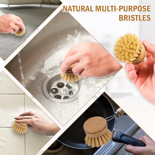 Bamboo Dish Brush - 6 Replacement Heads, Soft Sisal Bristle Scrubber, Brush for Kitchen Cleaning