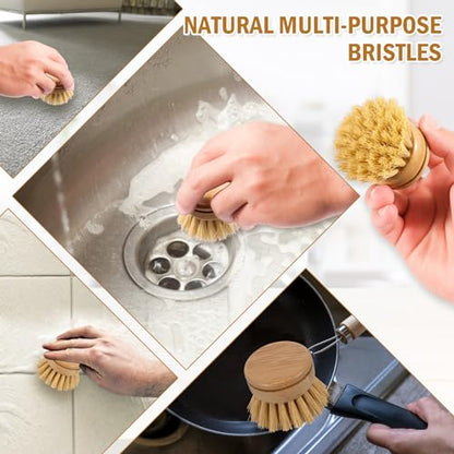 Bamboo Dish Brush - 6 Replacement Heads, Soft Sisal Bristle Scrubber, Brush for Kitchen Cleaning