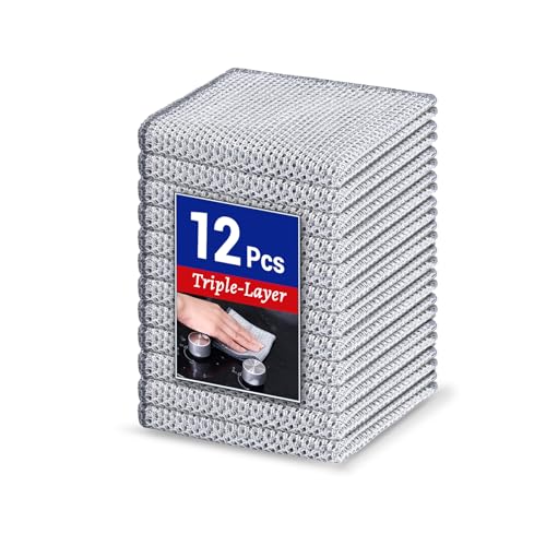 12 PCS 3-Layer Non-Scratch Wire Dishcloths, Reusable Quick-Dry Metal Dishwashing Rags for Wet and Dry Use, Multipurpose Cleaning Cloths for Dishes, Pots, Pans, Sinks and Stove Tops, 7.87 x 7.87 in - color: 12pcs Triple Layer Silver, size: 7.87x7.87-12pcs