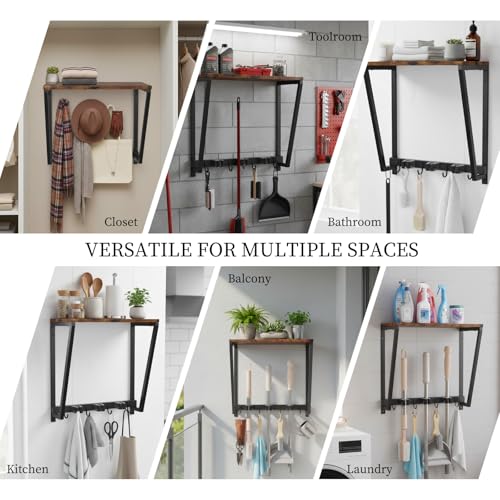 Broom Holder Wall Mount with 3 Storage Slots & 4 Utility Hooks, Rustic Wood All-in-One Mop Hanger, Cleaning Supplies Organizer and Tool Storage Rack for Laundry Room, Kitchen, Garage, Garden, Closet