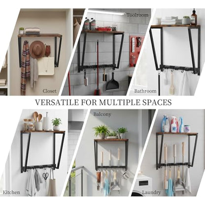 Broom Holder Wall Mount with 3 Storage Slots & 4 Utility Hooks, Rustic Wood All-in-One Mop Hanger, Cleaning Supplies Organizer and Tool Storage Rack for Laundry Room, Kitchen, Garage, Garden, Closet