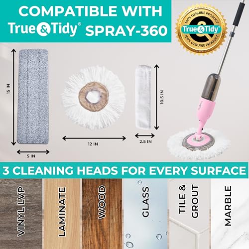 True & Tidy MP-360 Microfiber Mop Pad Replacement Set for SPRAY-360 Spray Mop, Includes Round Pad, Flat Pad & Squeegee Pad, Reusable & Machine Washable Up to 100X, 4 Sets