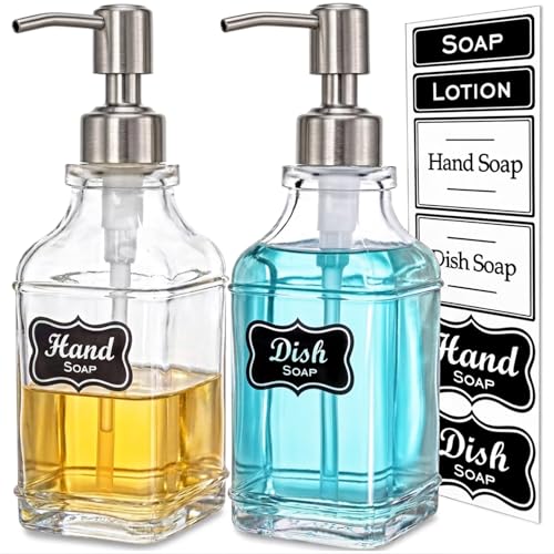 JASAI 2Pack Antique Design Glass Soap Dispenser with Rust Proof 304 Stainless Steel Pump, Refillable Hand Soap Dispenser with 10Pcs Stickers, Premium Soap Dispensers for Kitchen & Bathroom (Clear) - color: 2 Pack Silver