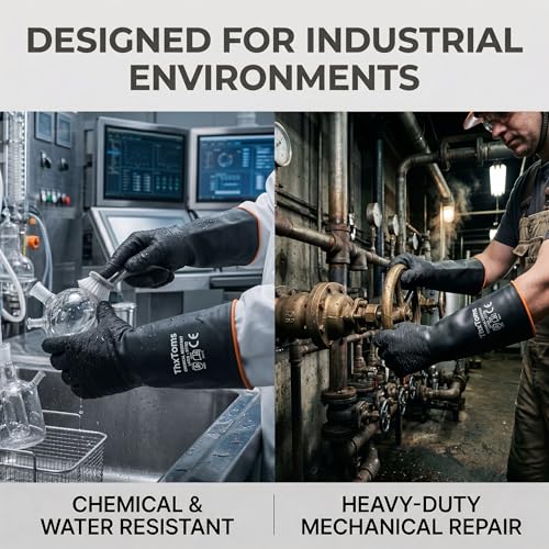 ThxToms Heavy Duty Rubber Gloves, Industrial Chemical Resistant Gloves Waterproof Reusable Protective Work Gloves for Cleaning, Dishwashing,Upgraded with Non-Slip Design, Black, 14" 1 Pair - color: 14"