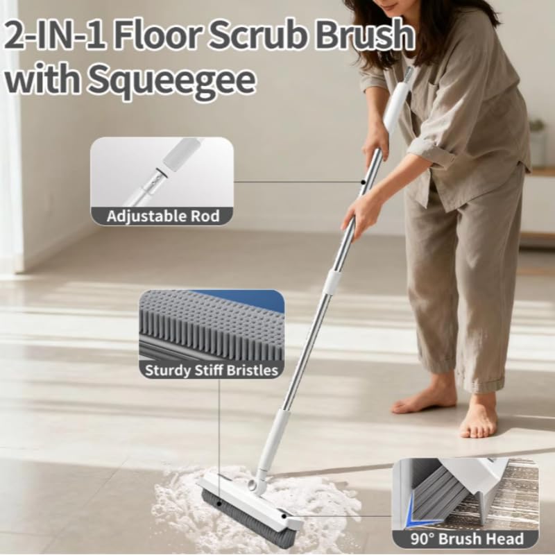 Floor Scrub Brush with Long Handle, Dual-Sided Stiff Bristle Grout Brush with 180° Rotatable V-Shape Head, Heavy Duty Shower Cleaning for Bathroom Tile, Patio, Deck, Garage, Pool & Corner