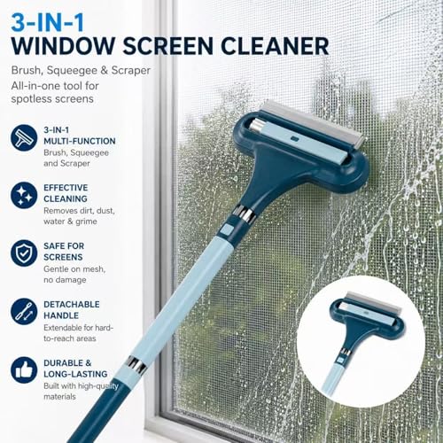 3 in 1 Window Screen Cleaner, Mesh Window Screen Cleaning Brush with Squeegee, Multi-Purpose Tool for Patio, Door and Porch Screens (Blue)