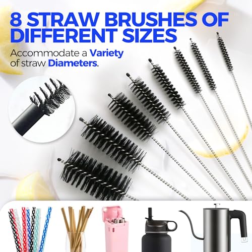 Holikme 10 Pack Bottle Brush Cleaner Set, 15" Long Handle Bottle Cleaner Brush, Flexible Long Handle Water Bottle Brush for Narrow Neck Beer Wine, 8 Straws, Abrasive Spiral Brushes, White Grey