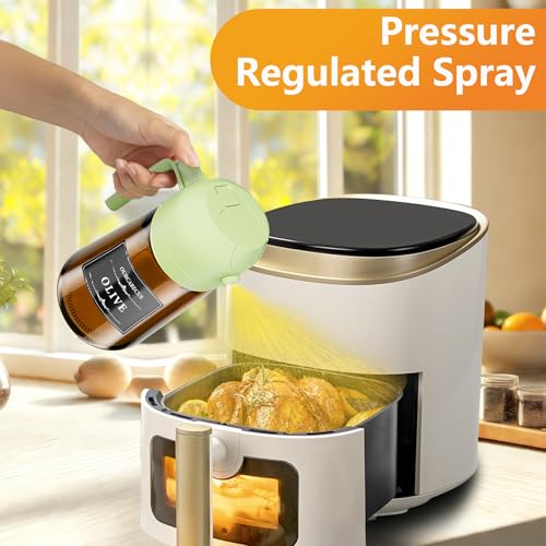 OURCABECUE 2 in 1 Olive Oil Sprayer for Cooking, 16oz Olive Oil Dispenser Bottle for Kitchen, Light-Blocking Dark Glass Oil Bottle, Food-Grade Oil Mister with 8 Oil Stickers (Brown Bottle-Green Cap) - color: Dark Brown and green