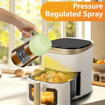 OURCABECUE 2 in 1 Olive Oil Sprayer for Cooking, 16oz Olive Oil Dispenser Bottle for Kitchen, Light-Blocking Dark Glass Oil Bottle, Food-Grade Oil Mister with 8 Oil Stickers (Brown Bottle-Green Cap) - color: Dark Brown and green