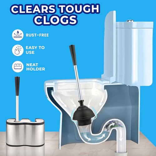 UMIEN Toilet Brush and Plunger Set 18-in - Updated 2025 No-Rust - Stainless Steel Design - Long Handles - with Freestanding Canister - color: Satin Nickel, size: 1 pack