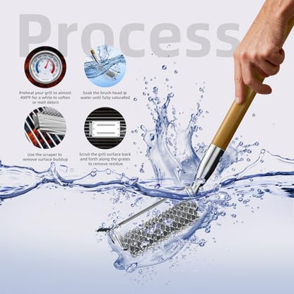 HOUSE AGAIN Grill Brush and Scraper Bristle Free with 3 Replacement Head 304 Stainless Steel Food-Grade Grill Accessories, Safe BBQ Cleaner Brush Strong Barbecue Cleaning Brush for Outdoor Grill Grate - style: Wood+3 replacement head