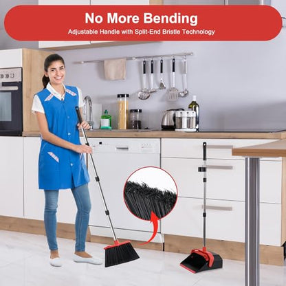 Large Upright Broom and Dustpan, Heavy Duty Dust Pan with 51" Long Handle for Indoor Outdoor Garage Kitchen Room (Black and Red) - color: Black and Red