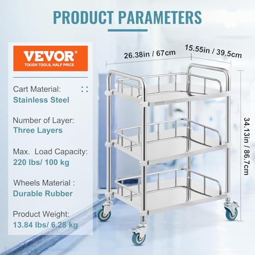 VEVOR Lab Rolling Cart, 3-Shelf Stainless Steel Rolling Cart, Lab Serving Cart with Swivel Casters, Dental Utility Cart for Clinic, Lab, Hospital, Salon, 26.38"x15.55"x34.13" - size: 3-tier shelves