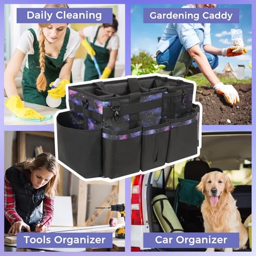 SCAVATA Wearable Cleaning Caddy, Cleaning Caddy Supplies Organizer with Handle & Shoulder Straps for Housekeepers, Under Sink & Car Cleaning Tool Organizers Bag with 4 Foldable Divider (StarrySky) - color: StarrySky