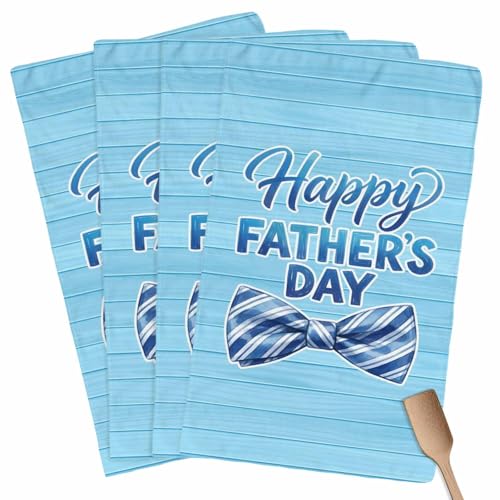 Happy Father's Day Kitchen Towels Set of 4 Blue Stripes Tie Rustic Wooden Grain Decorative Dish Towels Ultra Soft Microfiber Absorbent Reusable Dishcloths for Kitchen Drying, 18x28 Inch - size: 28" x 18" (Pack of 4)