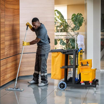 Simpli-Magic Commercial Cleaning Cart with Waste Bag & Lid, Janitorial Utility Cart with 3 Shelves, Mop & Broom Holders, 330 lb Capacity, Yellow/Grey