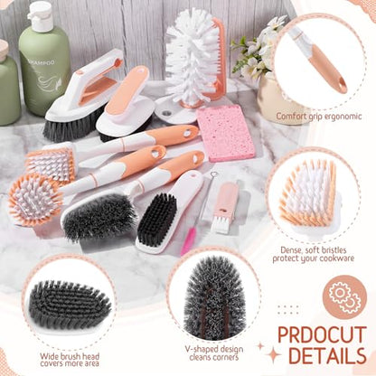 10 Pack Dish Brush Set for Household Use Kitchen Scrub Brushes with Non-Slip Long Handle Multi-Purpose Cleaning Brushes for Dishes Pot Pan Kitchen Sink Tub Cup Clothes Shoes Floor (Pink) - color: Pink