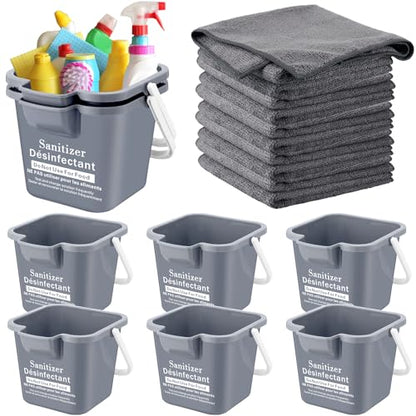 Vesici 6 Sets 3 Quart Cleaning Bucket with Microfiber Cleaning Cloths Small Sanitizing Square Bucket Detergent Plastic Utility Pail with Handle for Household Restaurant Office School Use (Gray) - color: Gray