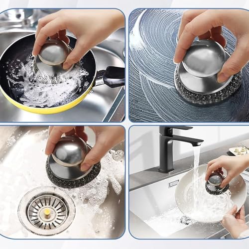 Steel Wool Scrubber Set, 2 Pack Stainless Steel Scrubber with Stainless Steel Handle for Cleaning Dish, Cast Iron, Stock Pot, Pan, Griddle, Grill, Stove, Sink, Bathtub, Tile, with 3 Replacement Pads - color: Silver - Steel