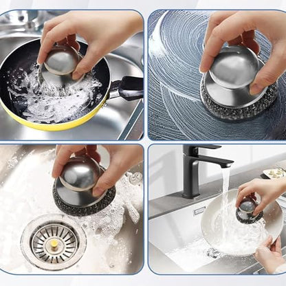 Steel Wool Scrubber Set, 2 Pack Stainless Steel Scrubber with Stainless Steel Handle for Cleaning Dish, Cast Iron, Stock Pot, Pan, Griddle, Grill, Stove, Sink, Bathtub, Tile, with 3 Replacement Pads - color: Silver - Steel