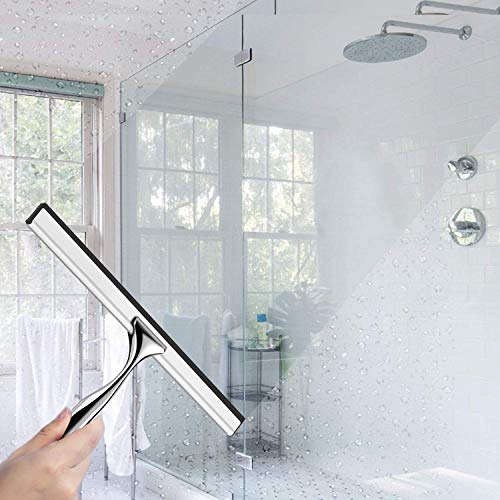 BININBOX Shower Squeegee for Shower Doors, Window, Bathroom, Mirror and Car Glass, All-Purpose Cleaning Squeegee with Powerful Suction Cup Hooks Holder – Stainless Steel, 10 Inches. (Black)