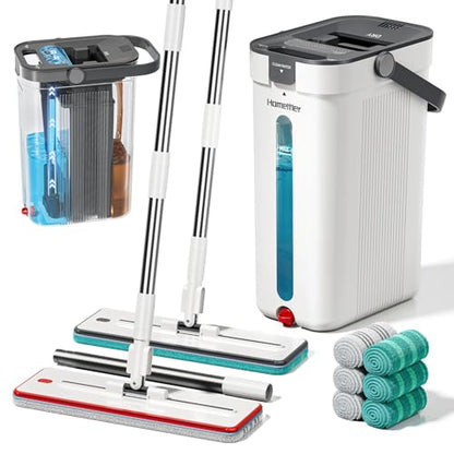 HoMettler Dual Mop and Bucket Set, Flat Mop and Bucket System with Separate Dirty and Clean Water, 3-Compartment Wall Cleaner Mop, Flat Mops for Floor Cleaning with 6 Microfiber Pads