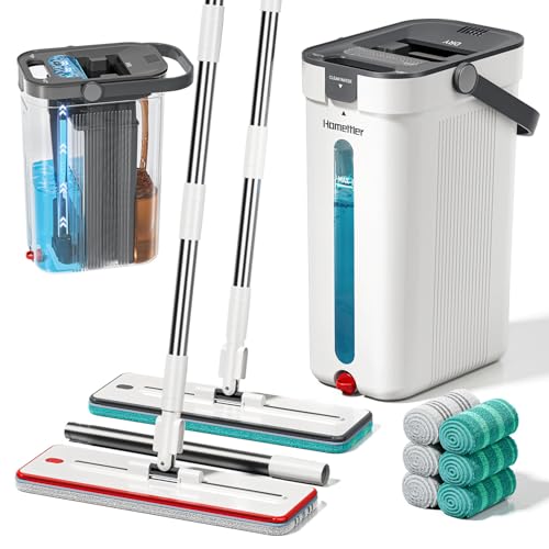 HoMettler Dual Mop and Bucket Set, Flat Mop and Bucket System with Separate Dirty and Clean Water, 3-Compartment Wall Cleaner Mop, Flat Mops for Floor Cleaning with 6 Microfiber Pads